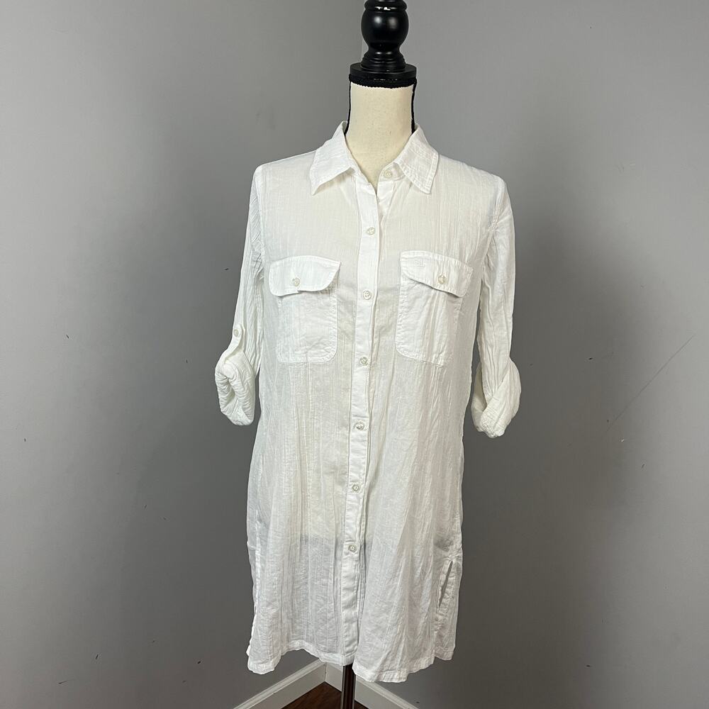 Lauren Ralph Lauren White Crushed Cotton Camp Swim Shirt Cover-Up Women's Medium - Picture 2 of 7